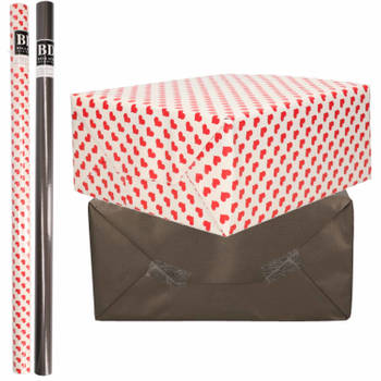 4x Rollen kraft inpakpapier liefde/rode hartjes pakket - zwart 200 x 70 cm - Cadeaupapier