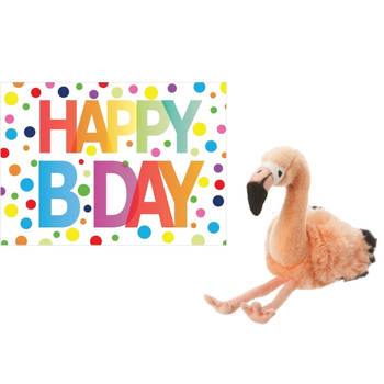 Pluche knuffel flamingo 18 cm met A5-size Happy Birthday wenskaart - Vogel knuffels