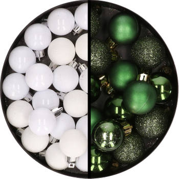 34x stuks kunststof kerstballen wit en donkergroen 3 cm - Kerstbal