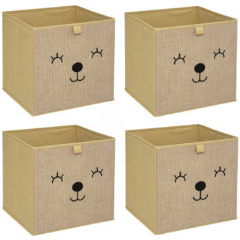 Atmosphera Opbergmand/kastmand beer - 4x - voor kinderen - karton/kunststof - bruin - 30 x 30 cm - Opbergmanden