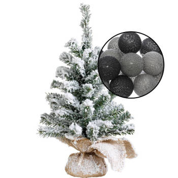 Mini kerstboom besneeuwd met verlichting - in jute zak - H45 cm - zwart/grijs - Kunstkerstboom