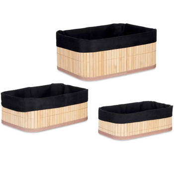 Kipit Badkamer/toilet ruimte opbergmandjes - bamboe/stof zwart - set 3x stuks - Opbergmanden