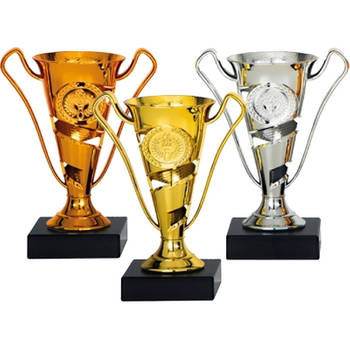 Luxe trofee/prijs bekers - 3x - brons/goud/zilver - metaal - 17 x 11 cm - Fopartikelen