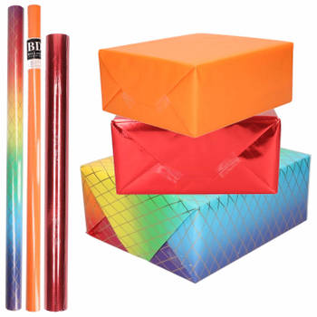 6x Rollen kraft inpakpapier regenboog pakket - regenboog/metallic rood/oranje 200 x 70/50 cm - Cadeaupapier