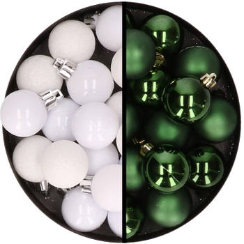 36x stuks kunststof kerstballen wit en donkergroen 3 en 4 cm - Kerstbal