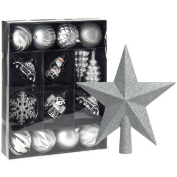 Kerstballen en ornamenten incl. ster piek zilver/wit kunststof - Kersthangers