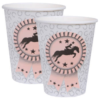 Santex feest wegwerp bekertjes - paarden - 20x stuks - 270 ml - lichtgrijs/roze - karton - Feestbekertjes