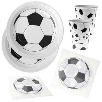 Voetbal feest wegwerp servies set - 10x bordjes / 10x bekers / 20x servetten - wit/zwart - Feestpakketten