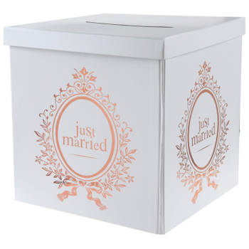 Enveloppendoos just married - Bruiloft - wit/rose goud - karton - 20 x 20 cm - Feestdecoratievoorwerp