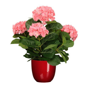 Hortensia kunstplant/kunstbloemen 45 cm - roze - in pot rood glans - Kunstplanten