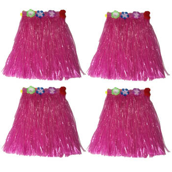 Hawaii thema verkleed rokje - 4x - raffia - roze - 40 cm - volwassenen - Carnavalskostuums
