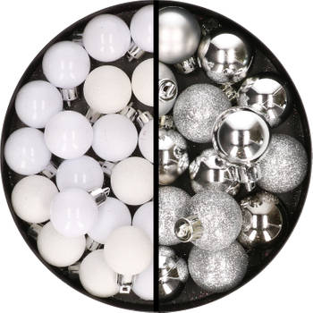 34x stuks kunststof kerstballen wit en zilver 3 cm - Kerstbal