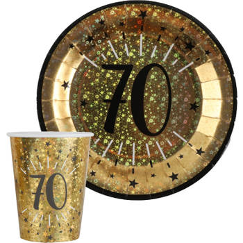 Verjaardag feest bekertjes en bordjes leeftijd - 20x - 70 jaar - goud - karton - Feestpakketten
