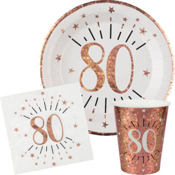 Verjaardag feest bekertjes/bordjes en servetten leeftijd - 30x - 80 jaar - rose goud - Feestpakketten