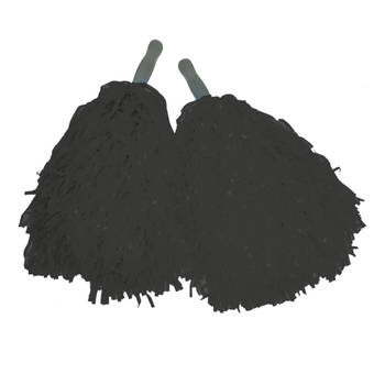Funny Fashion Cheerballs/pompoms - set van 2x - zwart - met franjes en stick handgreep - 25 cm - voor kinderen - Verklee