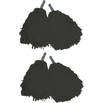 Funny Fashion Cheerballs/pompoms - set van 4x - zwart - met franjes en stick handgreep - 25 cm - voor kinderen - Verklee