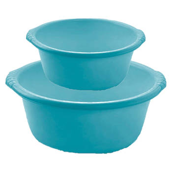 Afwasbak teil - set van 2 formaten - 10 en 15 liter - turquoise blauw - kunststof - Afwasbak
