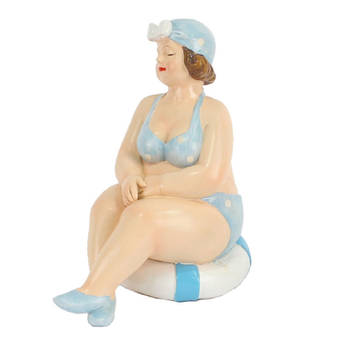Home decoratie beeldje dikke dame zittend - blauw badpak - 11 cm - Beeldjes