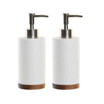 2x stuks zeeppompje/dispenser wit keramiek/acaciahout 7 x 19 cm - Zeeppompjes