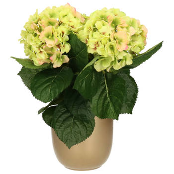 Hortensia kunstplant/kunstbloemen 36 cm - groen/roze - in pot goud - Kunstplanten