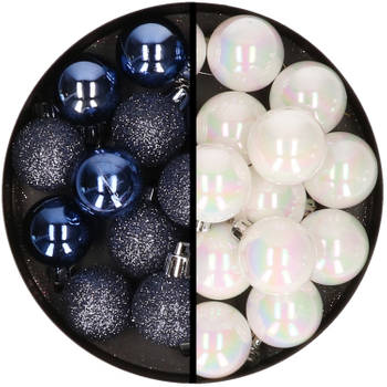 36x stuks kunststof kerstballen donkerblauw en parelmoer wit 3 en 4 cm - Kerstbal