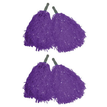 Funny Fashion Cheerballs/pompoms - set van 4x - paars - met franjes en stick handgreep - 25 cm - voor kinderen - Verklee