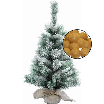 Mini kerstboom besneeuwd met verlichting - in jute zak - H60 cm - okergeel - Kunstkerstboom