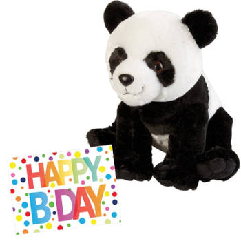 Pluche knuffel panda beer 30 cm met A5-size Happy Birthday wenskaart - Knuffelberen