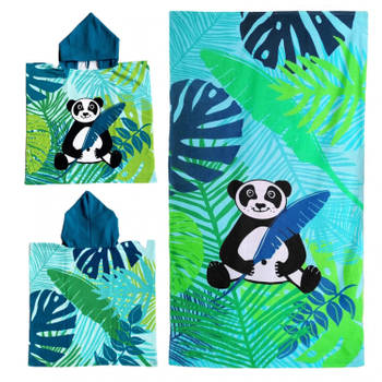 Set van bad cape/poncho met strand/badlaken voor kinderen panda print microvezel - Badcapes