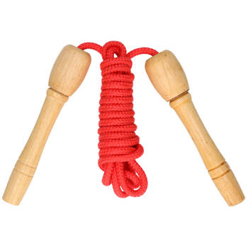 Kids Fun Springtouw speelgoed met houten handvat - rood - 240 cm - buitenspeelgoed - Springtouwen