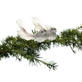 kerstboom vogels op clip 2x stuks - glitter zilver 10 cm - Kersthangers