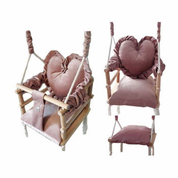 Luxe houten 3 in 1 handgemaakte roze meegroei baby schommel en kinder schommel met hart vormig kussen