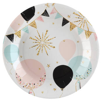 Santex feest wegwerpbordjes - ballon - 10x stuks - 23 cm - wit/goud - Feestbordjes