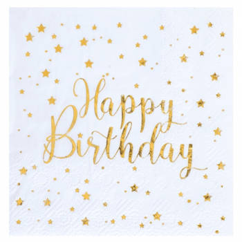 Santex Verjaardag feest servetten happy birthday - 20x - wit - 24 x 24 cm - Feestservetten