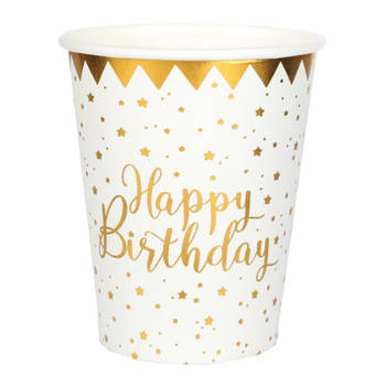 Santex Verjaardag feest bekertjes happy birthday - 10x - wit - karton - 270 ml - Feestbekertjes