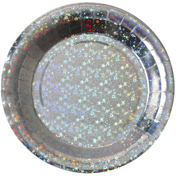 Santex feest wegwerpbordjes - glitter - 10x stuks - 23 cm - zilver - Feestbordjes