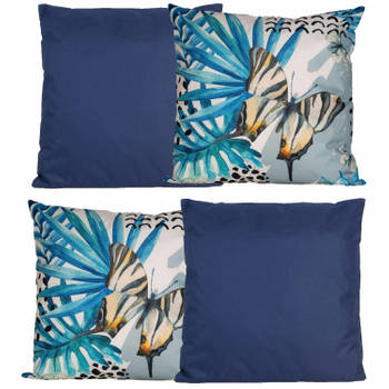Bank/tuin kussens set - voor binnen/buiten - 4x stuks - donkerblauw/tropical print - 45 x 45 cm - Sierkussens