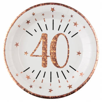 Santex Verjaardag feest bordjes leeftijd - 10x - 40 jaar - rose goud - karton - 22 cm - Feestbordjes