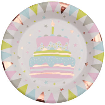 Santex feest wegwerpbordjes - verjaardagstaart - 10x stuks - 23 cm - rose goud - Feestbordjes