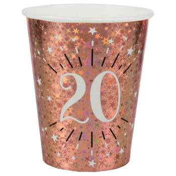 Santex Verjaardag feest bekertjes leeftijd - 10x - 20 jaar - rose goud - karton - 270 ml - Feestbekertjes