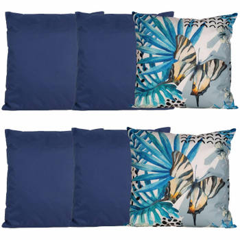 Bank/tuin kussens set - voor binnen/buiten - 6x stuks - donkerblauw/tropical print - 45 x 45 cm - Sierkussens