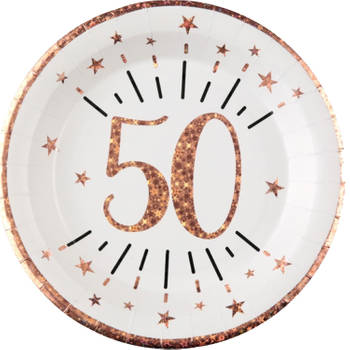 Santex Verjaardag feest bordjes leeftijd - 10x - 50 jaar - rose goud - karton - 22 cm - Feestbordjes
