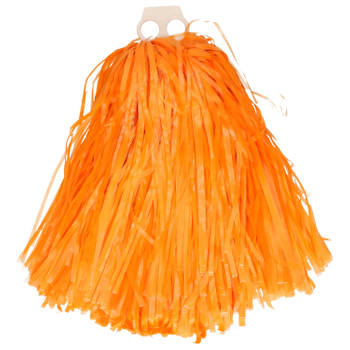 Funny Fashion Cheerballs/pompoms - 1x - oranje - met franjes en ring handgreep - 28 cm - Verkleedattributen