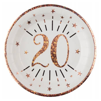 Santex Verjaardag feest bordjes leeftijd - 10x - 20 jaar - rose goud - karton - 22 cm - Feestbordjes
