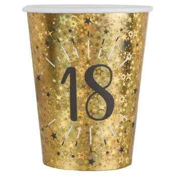 Santex Verjaardag feest bekertjes leeftijd - 10x - 18 jaar - goud - karton - 270 ml - Feestbekertjes