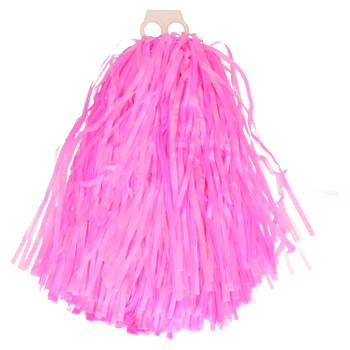 Funny Fashion Cheerballs/pompoms - 1x - roze - met franjes en ring handgreep - 28 cm - Verkleedattributen