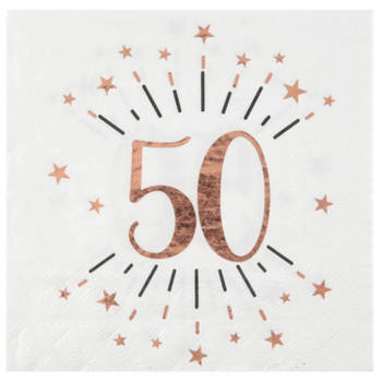 Santex Verjaardag feest servetten leeftijd - 10x - 50 jaar - rose goud - 33 x 33 cm - Feestservetten