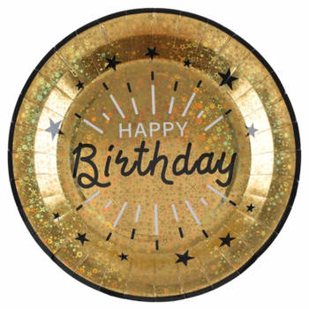 Santex Verjaardag feest bordjes happy birthday - 10x - goud - karton - 22 cm - rond - Feestbordjes