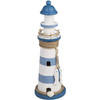 Vuurtoren beeldje met LED licht - Hout - 10 x 30 cm - wit/blauw - Maritieme decoraties binnen - Beeldjes