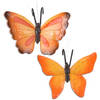 Tuindecoratie bloempothanger vlinder - set 2x - oranje/oranjerood - kunststeen - 13 x 10 cm - Tuinbeelden